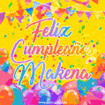 A bright and festive GIF with the text 'Feliz Cumpleaños Makena' in Spanish in colorful fonts, surrounded by confetti, balloons, and festive banners on a vibrant yellow background.