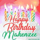 Bright birthday candles with rainbow flames on a cake, alongside the text 'Happy Birthday Makenzee' in vibrant script in this celebratory animated GIF.