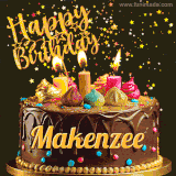 A delightful chocolate birthday cake with bright candles and 'Happy Birthday Makenzee' written in gold amidst a shower of animated stars.