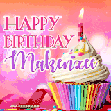 A vibrant birthday GIF featuring a rainbow-colored cupcake topped with white frosting, sprinkles, and a lit candle. The text reads 'Happy Birthday Makenzee' in bold pink and violet letters with white outline.
