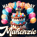 Hand-drawn happy birthday cake adorned with an arch of colorful balloons - name GIF for Makenzie