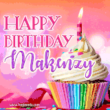 A vibrant birthday GIF featuring a rainbow-colored cupcake topped with white frosting, sprinkles, and a lit candle. The text reads 'Happy Birthday Makenzy' in bold pink and violet letters with white outline.