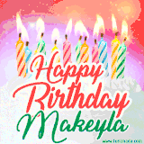 Bright birthday candles with rainbow flames on a cake, alongside the text 'Happy Birthday Makeyla' in vibrant script in this celebratory animated GIF.