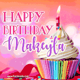 A vibrant birthday GIF featuring a rainbow-colored cupcake topped with white frosting, sprinkles, and a lit candle. The text reads 'Happy Birthday Makeyla' in bold pink and violet letters with white outline.