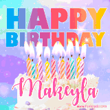 A vibrant animated name GIF with the words 'Happy Birthday Makeyla' with colorful candles on a creamy cake. The background sparkles with pastel shades, adding a festive touch.