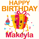 A vibrant and funny gift box character with a happy face dancing with a cupcake and the text 'Happy Birthday Makeyla,' surrounded by animated confetti and party vibes.