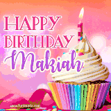 A vibrant birthday GIF featuring a rainbow-colored cupcake topped with white frosting, sprinkles, and a lit candle. The text reads 'Happy Birthday Makiah' in bold pink and violet letters with white outline.