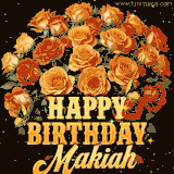 Animated bouquet of orange roses with moving butterfles and golden 'Happy Birthday Makiah' text, surrounded by sparkling accents and a dark backdrop for a luxurious feel.