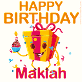 A vibrant and funny gift box character with a happy face dancing with a cupcake and the text 'Happy Birthday Makiah,' surrounded by animated confetti and party vibes.