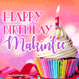 A vibrant birthday GIF featuring a rainbow-colored cupcake topped with white frosting, sprinkles, and a lit candle. The text reads 'Happy Birthday Makinlee' in bold pink and violet letters with white outline.