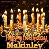 A glowing personalized birthday GIF with name Makinley featuring lit candles with intricate designs, warm lighting, and the text 'Happy Birthday' in an elegant font.