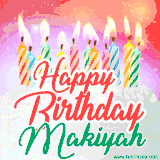 Bright birthday candles with rainbow flames on a cake, alongside the text 'Happy Birthday Makiyah' in vibrant script in this celebratory animated GIF.