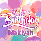 A vibrant name GIF featuring colorful balloons in shades of pink, orange, and yellow with the bold text 'Happy Birthday Makiyah' in festive fonts, creating a lively birthday vibe.