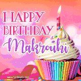 A vibrant birthday GIF featuring a rainbow-colored cupcake topped with white frosting, sprinkles, and a lit candle. The text reads 'Happy Birthday Makrouhi' in bold pink and violet letters with white outline.