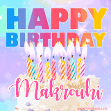 A vibrant animated name GIF with the words 'Happy Birthday Makrouhi' with colorful candles on a creamy cake. The background sparkles with pastel shades, adding a festive touch.