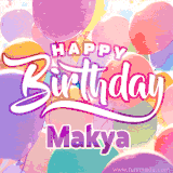 A vibrant name GIF featuring colorful balloons in shades of pink, orange, and yellow with the bold text 'Happy Birthday Makya' in festive fonts, creating a lively birthday vibe.