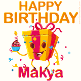 A vibrant and funny gift box character with a happy face dancing with a cupcake and the text 'Happy Birthday Makya,' surrounded by animated confetti and party vibes.