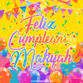 A bright and festive GIF with the text 'Feliz Cumpleaños Makyah' in Spanish in colorful fonts, surrounded by confetti, balloons, and festive banners on a vibrant yellow background.