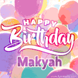 A vibrant name GIF featuring colorful balloons in shades of pink, orange, and yellow with the bold text 'Happy Birthday Makyah' in festive fonts, creating a lively birthday vibe.