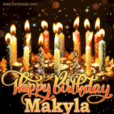 A glowing personalized birthday GIF with name Makyla featuring lit candles with intricate designs, warm lighting, and the text 'Happy Birthday' in an elegant font.