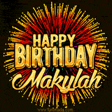 Golden 'Happy Birthday Makylah' text accompanied by animated rainbow fireworks for a festive animated greeting.