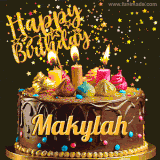 A delightful chocolate birthday cake with bright candles and 'Happy Birthday Makylah' written in gold amidst a shower of animated stars.