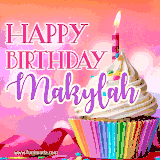 A vibrant birthday GIF featuring a rainbow-colored cupcake topped with white frosting, sprinkles, and a lit candle. The text reads 'Happy Birthday Makylah' in bold pink and violet letters with white outline.