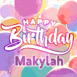 A vibrant name GIF featuring colorful balloons in shades of pink, orange, and yellow with the bold text 'Happy Birthday Makylah' in festive fonts, creating a lively birthday vibe.