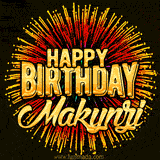 Golden 'Happy Birthday Makynzi' text accompanied by animated rainbow fireworks for a festive animated greeting.