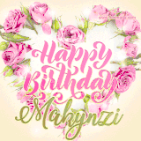 A stunning heart made of pink roses surrounds the elegant script text 'Happy Birthday Makynzi' on a soft beige background. Animated sparkles add a magical and festive feel.