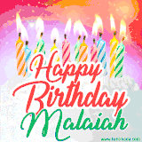 Bright birthday candles with rainbow flames on a cake, alongside the text 'Happy Birthday Malaiah' in vibrant script in this celebratory animated GIF.