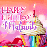 A vibrant birthday GIF featuring a rainbow-colored cupcake topped with white frosting, sprinkles, and a lit candle. The text reads 'Happy Birthday Malaiah' in bold pink and violet letters with white outline.
