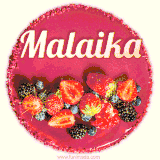 Beautifully decorated red velvet berry birthday cake with vibrant fruits and a glowing 'Malaika' name, adding a touch of sweetness and sparkle.