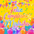 A bright and festive GIF with the text 'Feliz Cumpleaños Malaika' in Spanish in colorful fonts, surrounded by confetti, balloons, and festive banners on a vibrant yellow background.