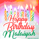 Bright birthday candles with rainbow flames on a cake, alongside the text 'Happy Birthday Malaiyah' in vibrant script in this celebratory animated GIF.