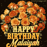 Animated bouquet of orange roses with moving butterfles and golden 'Happy Birthday Malaiyah' text, surrounded by sparkling accents and a dark backdrop for a luxurious feel.