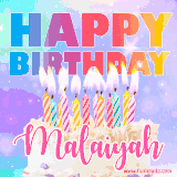 A vibrant animated name GIF with the words 'Happy Birthday Malaiyah' with colorful candles on a creamy cake. The background sparkles with pastel shades, adding a festive touch.