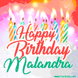Bright birthday candles with rainbow flames on a cake, alongside the text 'Happy Birthday Malandra' in vibrant script in this celebratory animated GIF.