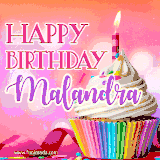 A vibrant birthday GIF featuring a rainbow-colored cupcake topped with white frosting, sprinkles, and a lit candle. The text reads 'Happy Birthday Malandra' in bold pink and violet letters with white outline.