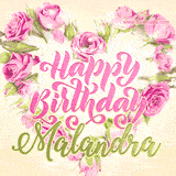 A stunning heart made of pink roses surrounds the elegant script text 'Happy Birthday Malandra' on a soft beige background. Animated sparkles add a magical and festive feel.