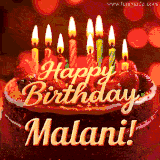 Beautifully decorated red velvet berry birthday cake with vibrant fruits and a glowing 'Malani' name, adding a touch of sweetness and sparkle.