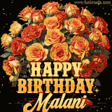 Animated bouquet of orange roses with moving butterfles and golden 'Happy Birthday Malani' text, surrounded by sparkling accents and a dark backdrop for a luxurious feel.