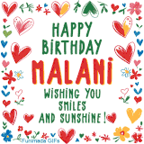 A colorful animated card for Malani’s birthday featuring playful hearts, cheerful flowers, and a handwritten message wishing smiles and sunshine.