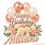 Beautifully animated Happy Birthday Malani e-card with rose gold decorations