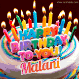 A colorful birthday cake topped with lit candles, with the words 'Happy Birthday Malani' in bold glowing letters on a burgundy background. Animated flames add a festive touch.