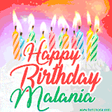 Bright birthday candles with rainbow flames on a cake, alongside the text 'Happy Birthday Malania' in vibrant script in this celebratory animated GIF.