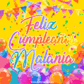 A bright and festive GIF with the text 'Feliz Cumpleaños Malania' in Spanish in colorful fonts, surrounded by confetti, balloons, and festive banners on a vibrant yellow background.