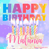 A vibrant animated name GIF with the words 'Happy Birthday Malania' with colorful candles on a creamy cake. The background sparkles with pastel shades, adding a festive touch.