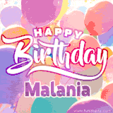 A vibrant name GIF featuring colorful balloons in shades of pink, orange, and yellow with the bold text 'Happy Birthday Malania' in festive fonts, creating a lively birthday vibe.