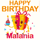 A vibrant and funny gift box character with a happy face dancing with a cupcake and the text 'Happy Birthday Malania,' surrounded by animated confetti and party vibes.